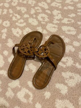 Tory Burch Cognac Leather Logo Thong Sandals